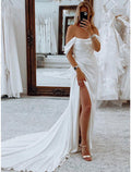 Abiti da Sposa da Cerimonia Formali per Ricevimento Sheath / Colonnari Spalline Cadenti Senza Maniche con Strascico Corto Tessuto Elasticizzato Completi da Sposa Abiti da Sposa con Pieche Plissettate