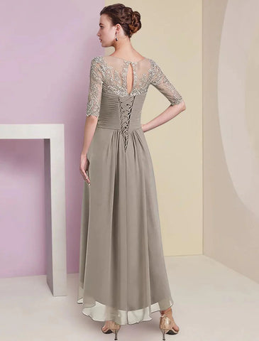 Zweiteiliges A-Linien-Kleid für die Mutter der Braut, formelle Hochzeitsgäste, eleganter High-Low-V-Ausschnitt, asymmetrische knielange Chiffon-Spitze, halbe Ärmel, Wickelkleid inklusive gerüschter Applikationen