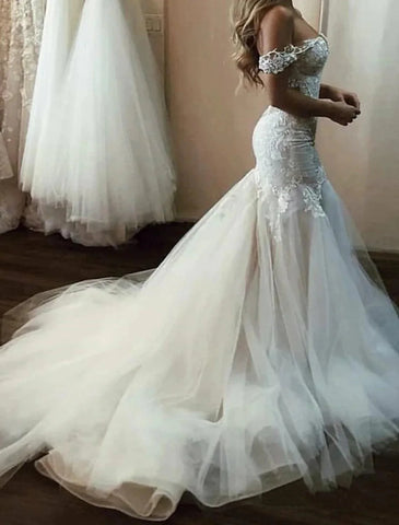 Verlobungs-Brautkleider mit offenem Rücken, Meerjungfrau/Trompete, schulterfrei, Flügelärmel, Kapellenschleppe, Satin-Brautkleider mit Applikationen, einfarbig, Sommer, Herbst, Hochzeitsfeier