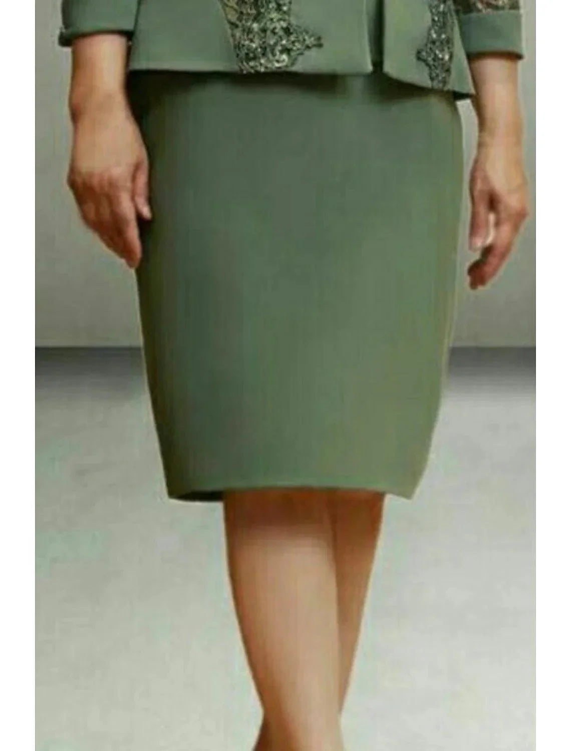 Vestido de duas peças para mãe da noiva, convidada de casamento, festa na igreja, elegante, decote redondo, comprimento até ao joelho, tecido elástico, manga comprida com pregadeira de renda e cristal