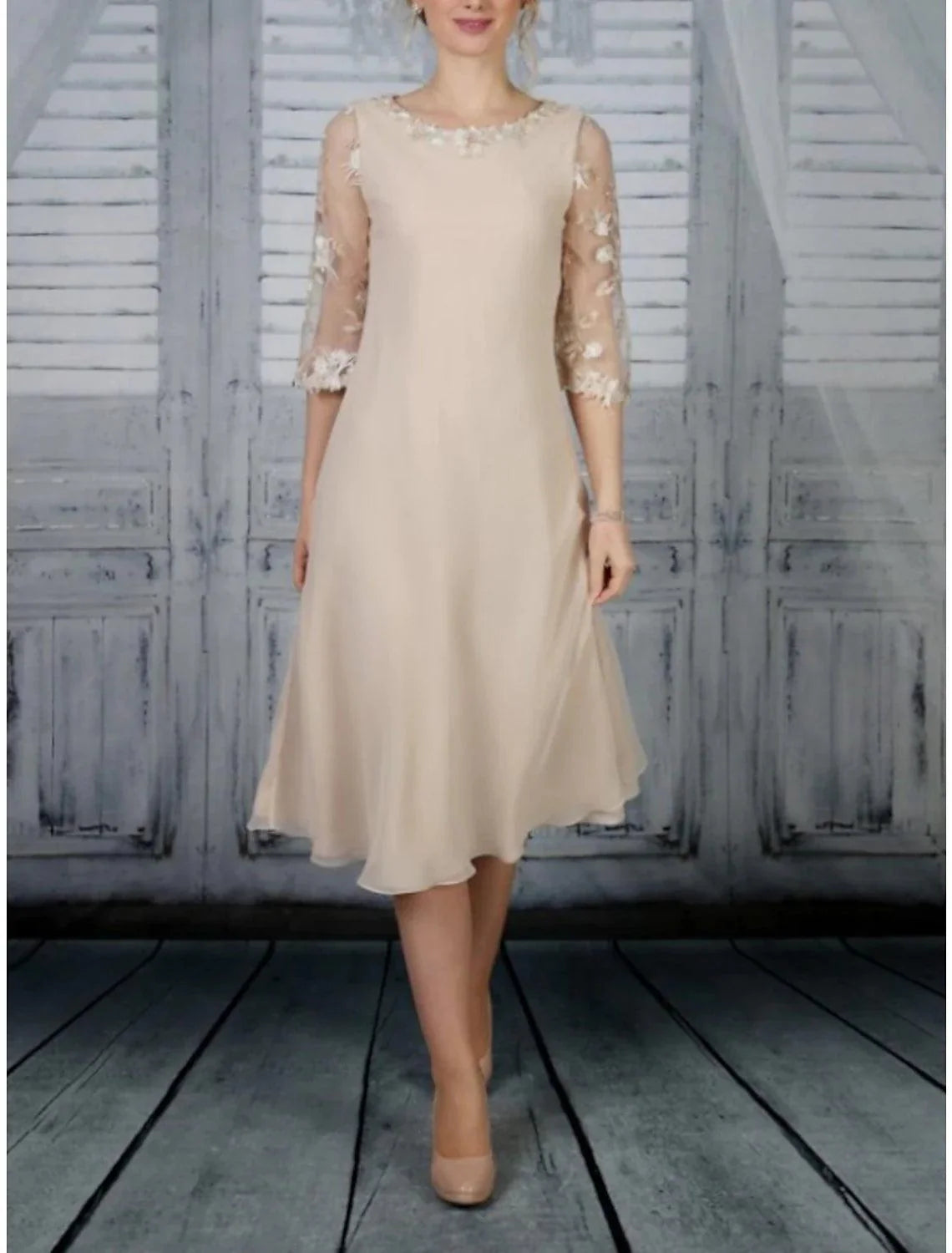 Vestido tubinho/coluna para mãe da noiva, festa de casamento, elegante, decote redondo, comprimento chá, chiffon, renda, meia manga com folhos, cor sólida