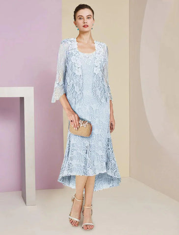 Zweiteiliges Meerjungfrauen-/Trompetenkleid für die Mutter der Braut, formeller Hochzeitsgast, elegant, hoch und tief, U-Ausschnitt, asymmetrisch, knielang, Spitze, ärmellos, Wickelkleid inklusive, einfarbig