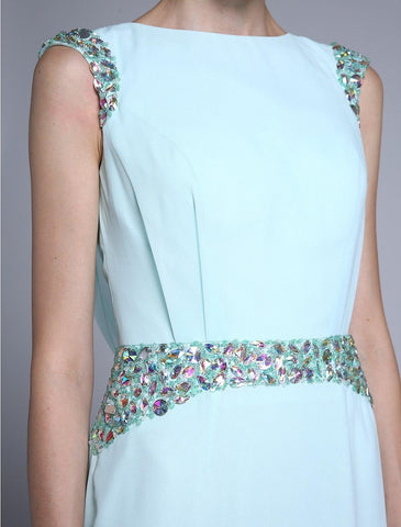 Etuikleid/Säulenkleid für die Brautmutter, elegant, U-Boot-Ausschnitt, knöchellang, Chiffon, ärmellos, mit Kristallen