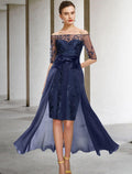Zweiteiliges Etuikleid/Säulenkleid für die Mutter der Braut, formelle Hochzeitsgäste, Sparkle &amp; Shine, elegant, schulterfrei, knielang, Chiffon, Spitze, Pailletten, halbe Ärmel mit Schleifenapplikationen