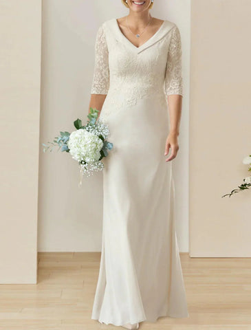 Reife bescheidene Herbst Brautkleider Mantel / Spalte V-Ausschnitt Halbarm bodenlangen Chiffon Brautkleider mit Applikationen Volltonfarbe