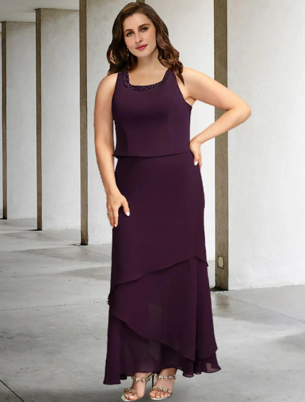 Vestidos de mãe da noiva de duas peças, corte A, plus size, curvos, elegantes, formais, comprimento até ao tornozelo, sem mangas, decote quadrado, chiffon com folhos e missangas