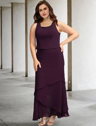 Zweiteiliges A-Linien-Kleid in Übergröße, geschwungen, elegantes Kleid für die Brautmutter, formell, knöchellang, ärmellos, quadratischer Ausschnitt, Chiffon mit Perlenrüschen