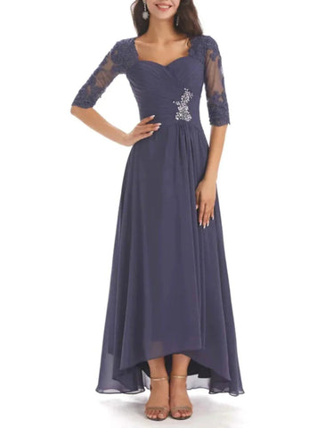 Zweiteiliges A-Linien-Kleid für die Mutter der Braut, Hochzeitsgast, elegant, Herzausschnitt, asymmetrisch, knöchellang, Chiffon, lange Ärmel, mit Kristallbrosche, Rüschen, einfarbig