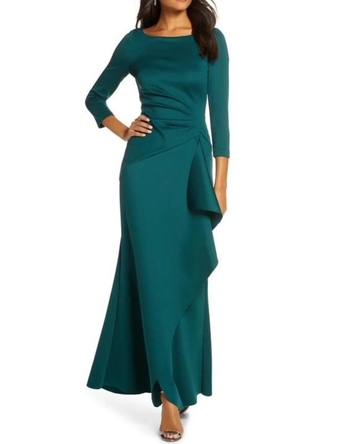 Vestido tubinho/coluna para mãe da noiva, festa de casamento, elegante, decote redondo, comprimento até ao tornozelo, cetim, renda, manga 3/4 com folhos