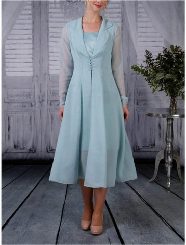 Vestido de mãe da noiva em duas peças, corte A, para convidada de casamento, simples, elegante, gola estilo camisa, comprimento chá, chiffon, manga comprida com pregas, cor sólida