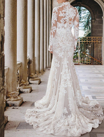 Verlobungs-formale Herbst-Boho-Brautkleider Meerjungfrau/Trompete High Neck Langarm Hofschleppe Spitze Brautkleider mit Applikationen