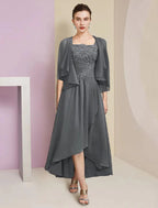 Two Piece A-Line Mother of the Bride Dress Formal Wedding Guest Party Elegant Square Neck Asymmetrical Tea Length Chiffon Lace 3/4 Length Sleeve Wrap Included with Ruched Appliques