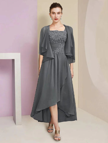Zweiteiliges A-Linien-Kleid für die Mutter der Braut, formelle Hochzeitsgastparty, eleganter quadratischer Ausschnitt, asymmetrische Teelänge, Chiffonspitze, 3/4-Ärmel, Wickelkleid inklusive, mit gerüschten Applikationen