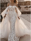 Abiti da Sposa da Cerimonia Hall in Linea A con Scollatura a Cuore, Maniche Lunghe, Strascico a Corte, Pizzi e Applicazioni a Piega