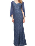 Etuikleid/Säulenkleid für die Brautmutter, Hochzeitsgast, elegant, V-Ausschnitt, knöchellang, Chiffon, Spitze, 3/4-Ärmel, mit Pailletten, Rüschen, einfarbig