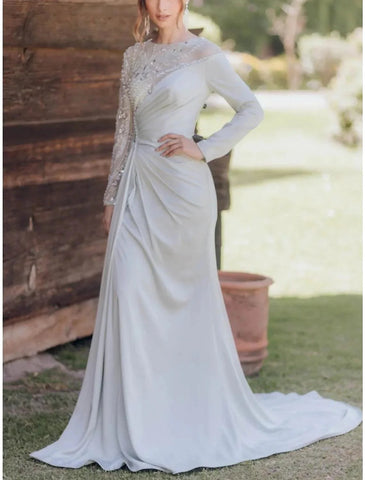 Formelle Brautkleider A-Linie U-Ausschnitt Langarm Hofschleppe Satin Brautkleider mit Falten gerüscht