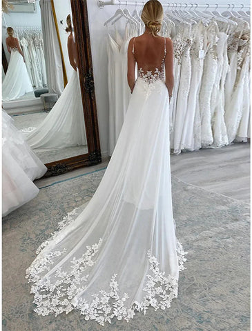 Vestidos de noiva formais para recepção, corte A, camisola, sem mangas, cauda longa, chiffon, vestidos de noiva com aplicações