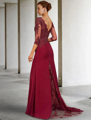 Meerjungfrau/Trompete Kleid für die Brautmutter, luxuriös, elegant, V-Ausschnitt, Hofschleppe, Spitze, Stretch-Chiffon, 3/4-Ärmel mit Pailletten-Applikationen