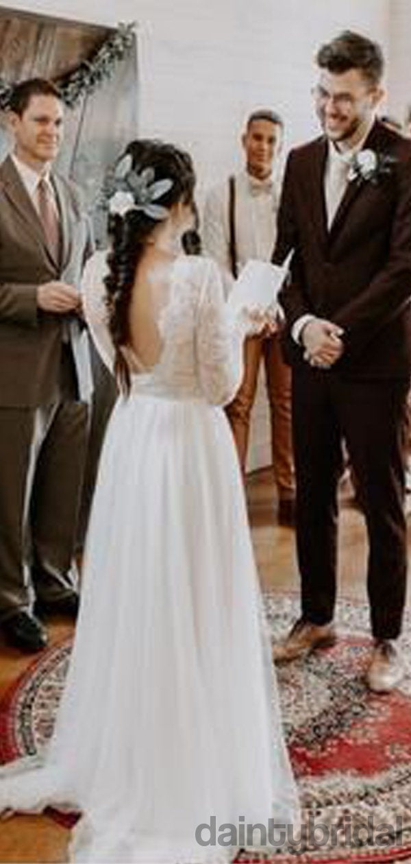 Schlichtes A-Linien-Brautkleid mit Spitze und Tüll, langen Ärmeln, rückenfrei, bodenlang. DB010062