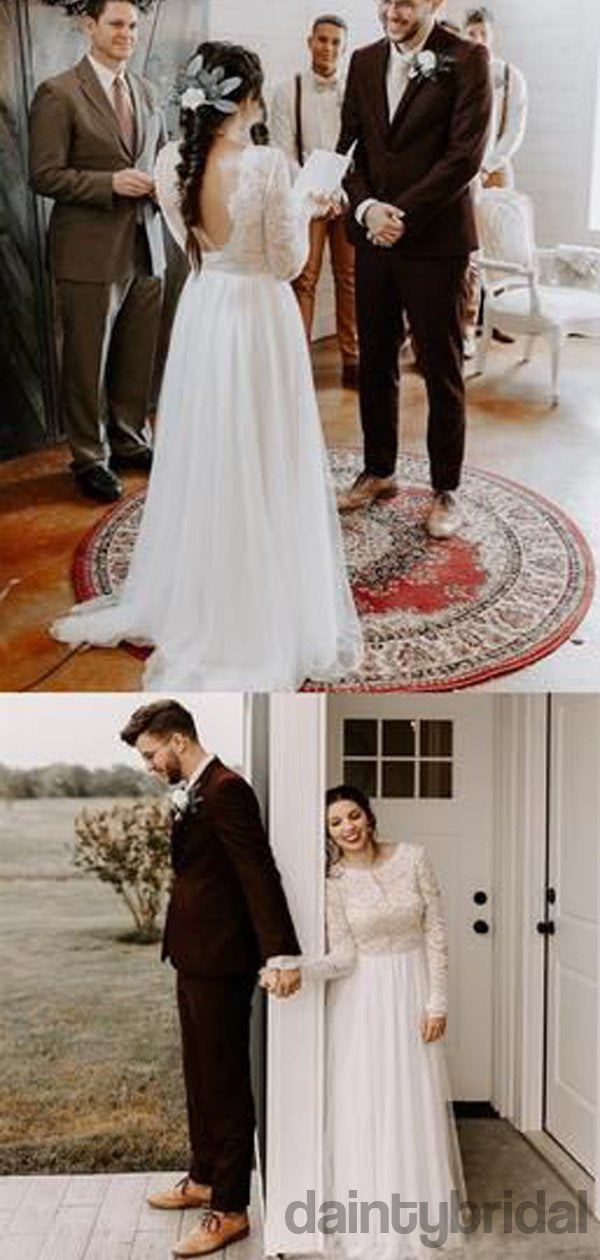 Schlichtes A-Linien-Brautkleid mit Spitze und Tüll, langen Ärmeln, rückenfrei, bodenlang. DB010062