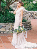 Abito da Sposa lungo e affascinante con scollatura a barchetta, maniche corte e strascico, schiena aperta e sexy. DB10075