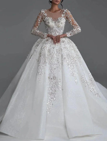Formelle, bescheidene Herbst-Brautkleider, Prinzessin, Juwelenhals, lange Ärmel, Kapellenschleppe, Tüll-Brautkleider mit Applikationen, einfarbig
