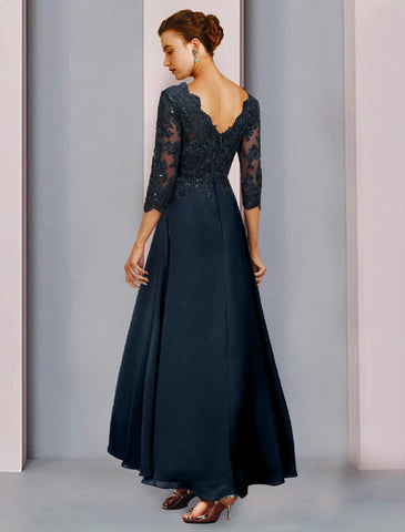 Etuikleid/Säulenkleid für die Brautmutter, Hochzeitsgast, Vintage, Glitzer und Glanz, V-Ausschnitt, asymmetrisch, Chiffon, Spitze, 3/4-Ärmel mit Falten, Pailletten