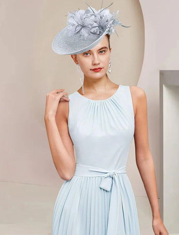 Zweiteiliges A-Linien-Kleid für die Mutter der Braut, Hochzeitsgast, Party, Vintage, elegant, U-Ausschnitt, knielang, Chiffon, ärmellos, Wickelkleid inklusive Schleife(n), Falten