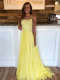 Robe de bal longue formelle en mousseline à paillettes sans dos en ligne A jaune