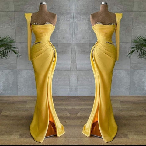 Yellow Asymmetrical Long Sleeves Mermaid Strapless Evening Dresses with Slit