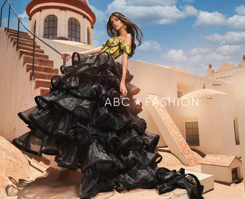 Gelbes Quinceanera-Kleid mit Blumenmuster und Rüschen von Ragazza MV49-149