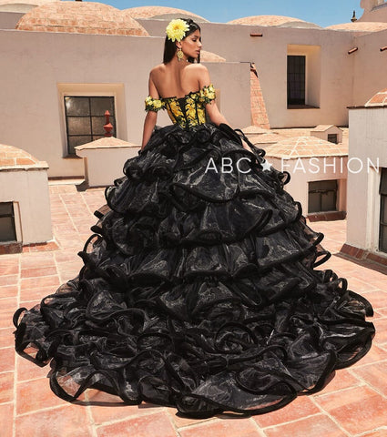 Gelbes Quinceanera-Kleid mit Blumenmuster und Rüschen von Ragazza MV49-149