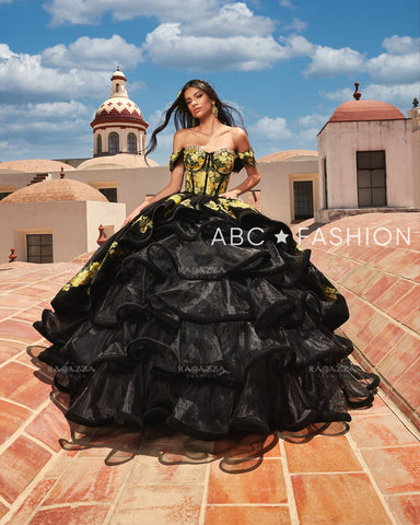 Gelbes Quinceanera-Kleid mit Blumenmuster und Rüschen von Ragazza MV49-149