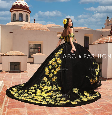 Gelbes Quinceanera-Kleid mit Blumenmuster und Rüschen von Ragazza MV49-149