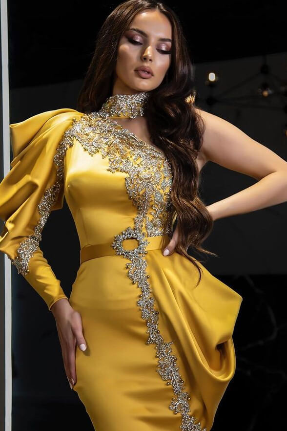 Yellow Halter One Shoulder Long Sleeves Mermaid Evening Dress with Beadings