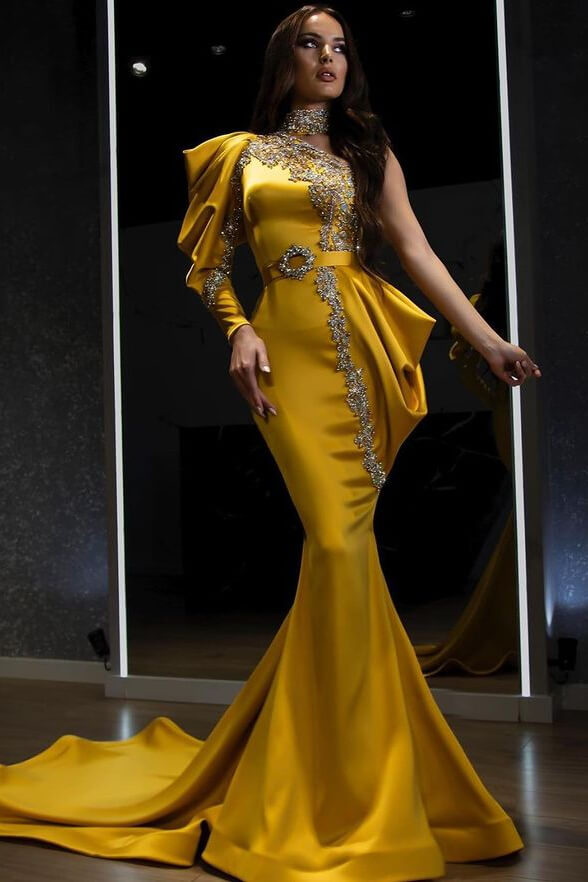 Yellow Halter One Shoulder Long Sleeves Mermaid Evening Dress with Beadings