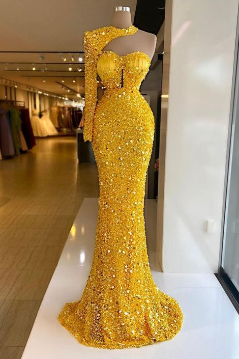 Yellow Halter One Shoulder Long Sleeve Mermaid Evening Dresses with Sequins