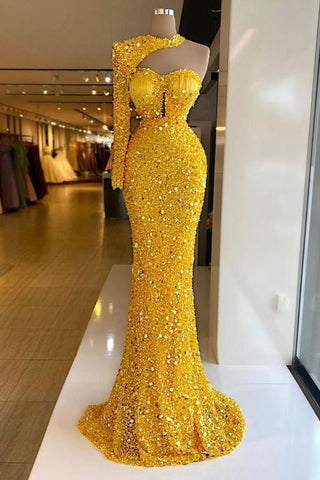 Yellow Halter One Shoulder Long Sleeve Mermaid Evening Dresses with Sequins