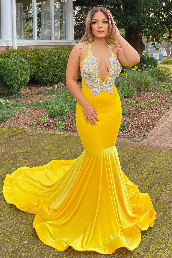 Long Yellow Halter V-Neck Mermaid Prom Dress with Applique Lace