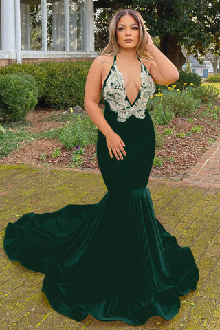 Long Yellow Halter V-Neck Mermaid Prom Dress with Applique Lace