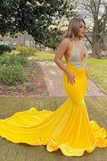 Abito da Ballo Sirena con Scollo a V e Spalline, Giallo Lungo, con Pizzo Appliqué