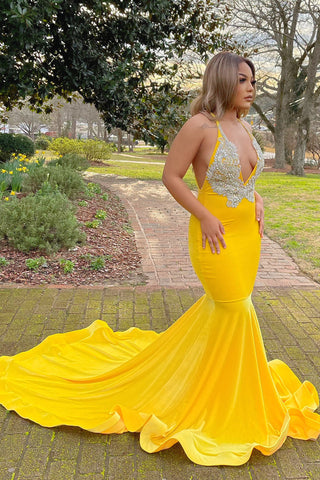 Long Yellow Halter V-Neck Mermaid Prom Dress with Applique Lace
