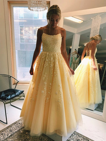 Gelbes langes A-Linien-Ballkleid mit U-Ausschnitt und rückenfreiem Tüll