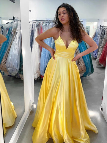 Gelbes langes A-Linien-Abendkleid aus Satin mit V-Ausschnitt und Ballkleid