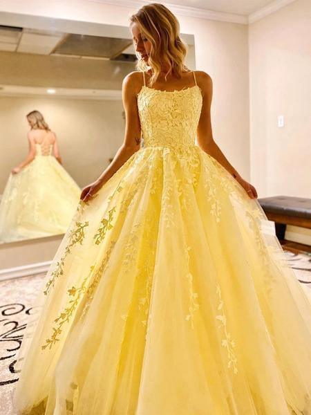 Vestido de baile longo amarelo com apliques princesa vestido formal PSK194