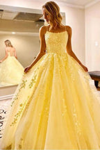 Vestido de baile longo amarelo com apliques princesa vestido formal PSK194