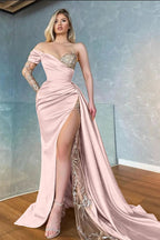 Yellow Long Sleeves Sweetheart Mermaid Applique Lace Prom Dress with Slit