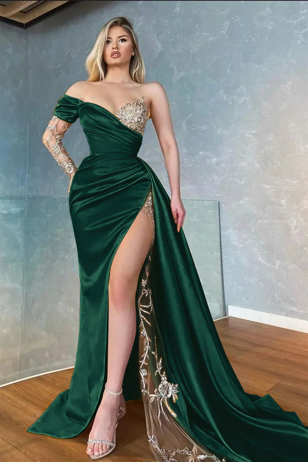 Yellow Long Sleeves Sweetheart Mermaid Applique Lace Prom Dress with Slit