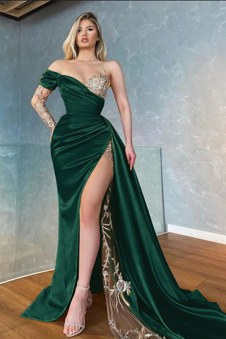 Gelbes Ballkleid mit langen Ärmeln und Meerjungfrau-Ausschnitt, Applikationen und Spitze