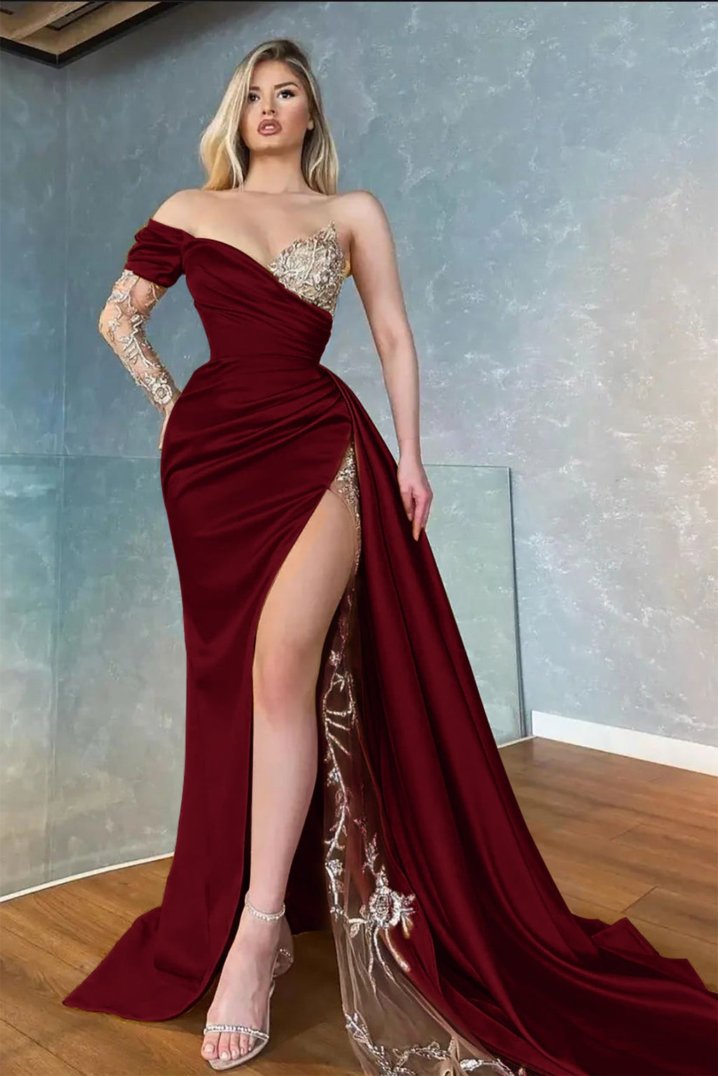 Yellow Long Sleeves Sweetheart Mermaid Applique Lace Prom Dress with Slit